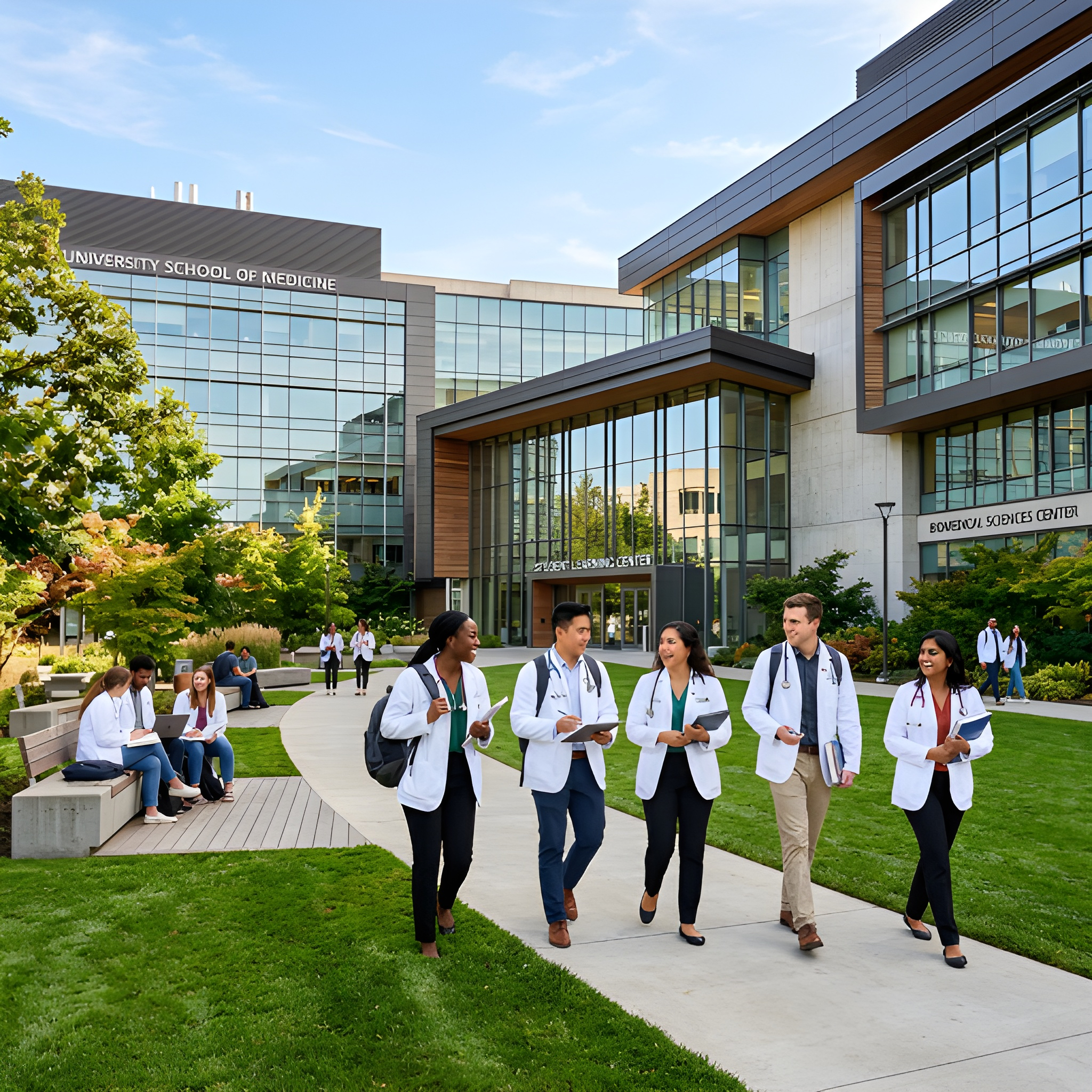 Medical students walking through a modern Kyrgyzstan university campus