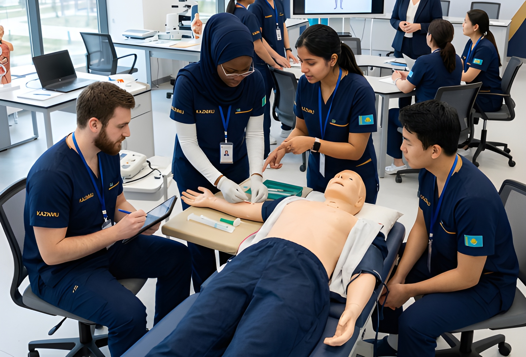 Medical students practicing clinical skills in a Tajikistan medical lab